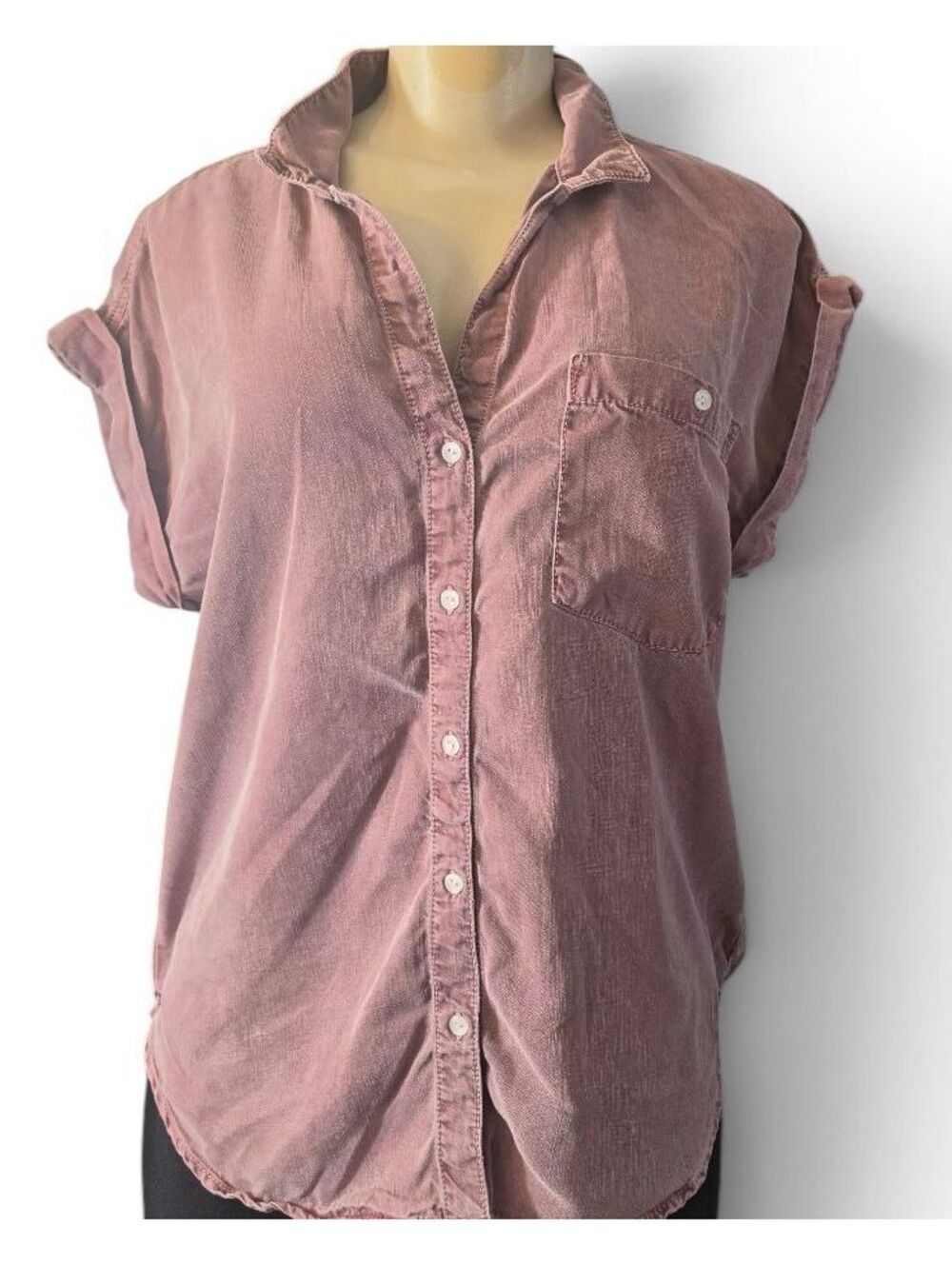 Sneak Peek Tencel Button Down Shirt Womens Large Mauve Oversized Short Sleeve